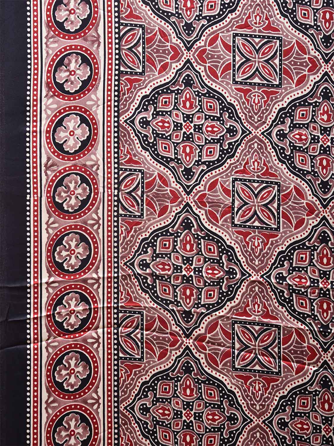 Red and Black Ajrak Digital Print Satin Silk Saree with Grill Design o0608