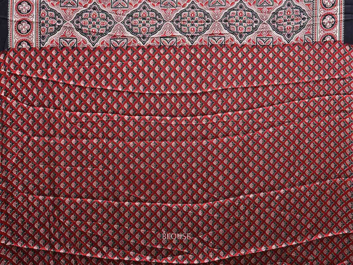 Red and Black Ajrak Digital Print Satin Silk Saree with Grill Design o0608