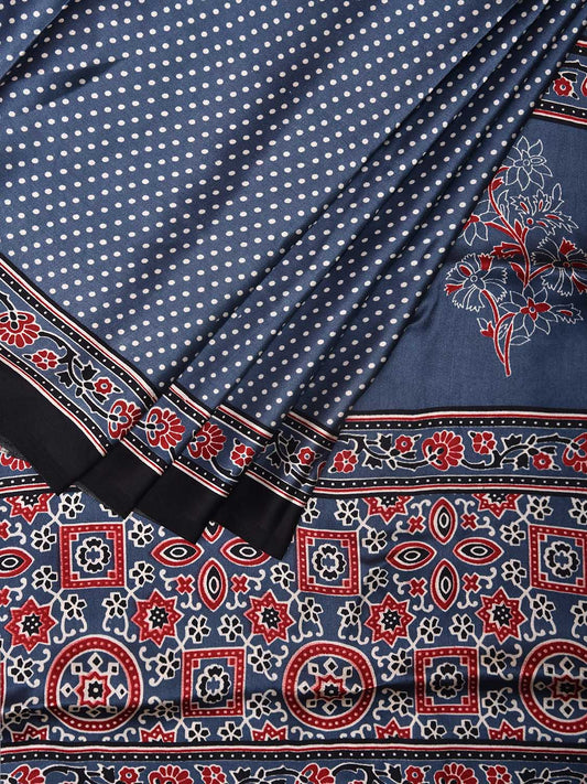 Dark Grey Ajrak Digital Print Satin Silk Saree with Small Dots and Pallu Design o0609
