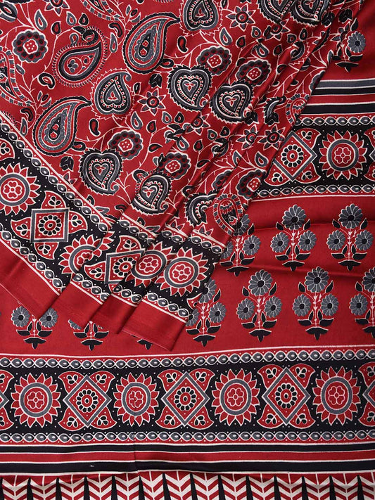 Red and Black Ajrak Digital Print Satin Silk Saree with Pasley Design o0610