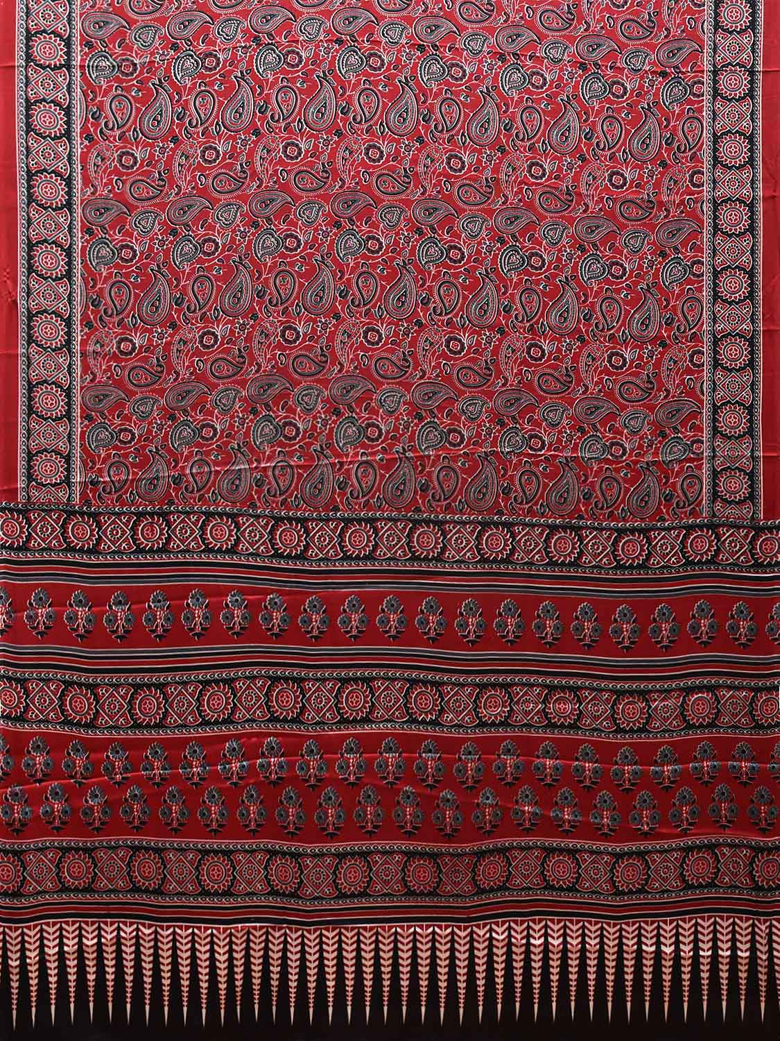 Red and Black Ajrak Digital Print Satin Silk Saree with Pasley Design o0610