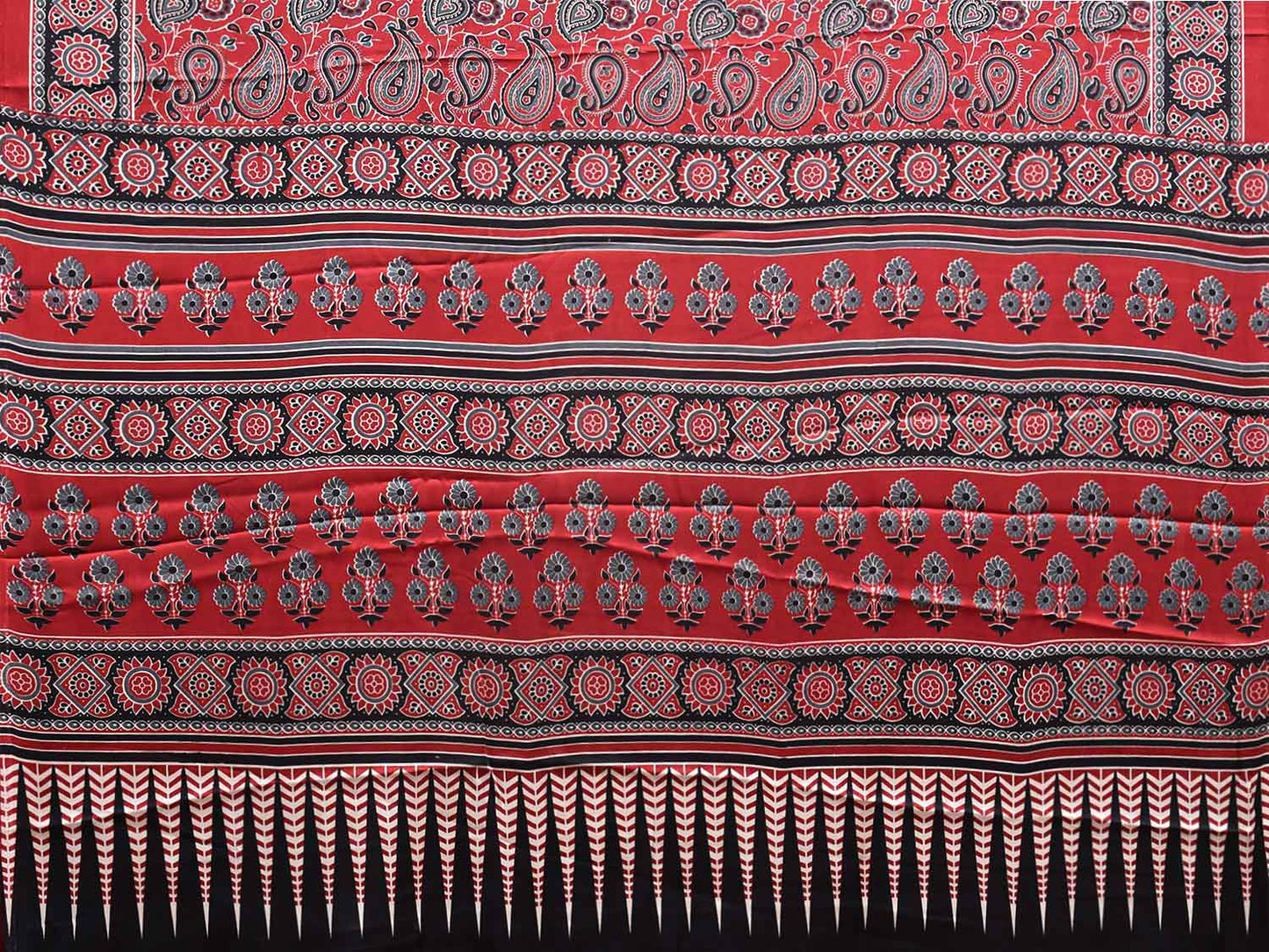 Red and Black Ajrak Digital Print Satin Silk Saree with Pasley Design o0610