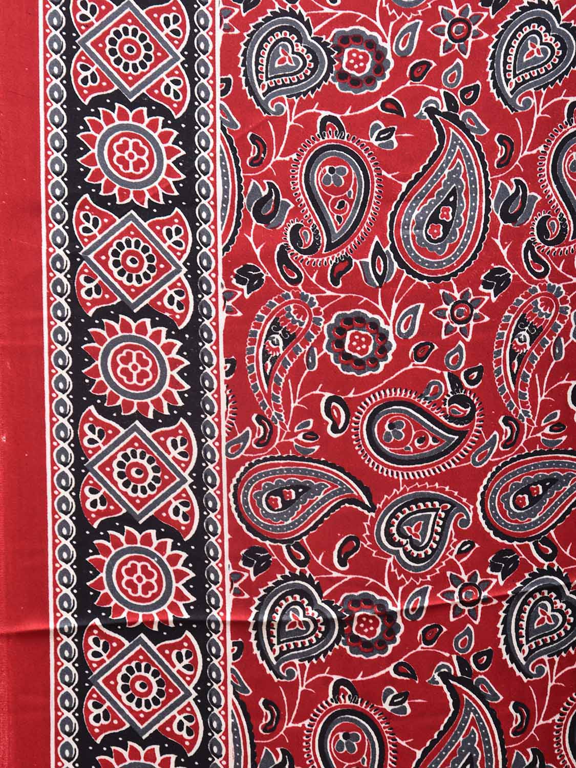 Red and Black Ajrak Digital Print Satin Silk Saree with Pasley Design o0610