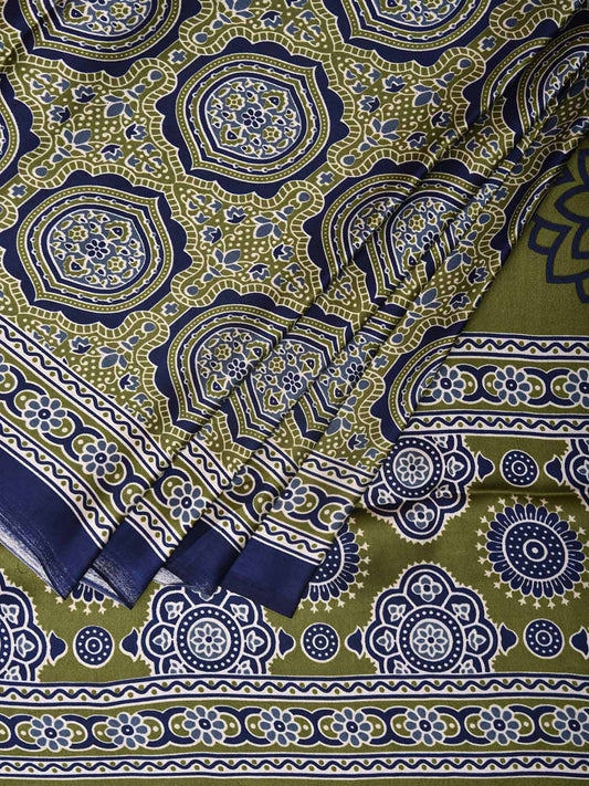 Olive and Blue Ajrak Digital Print Satin Silk Saree with Circles and Pallu Design o0611