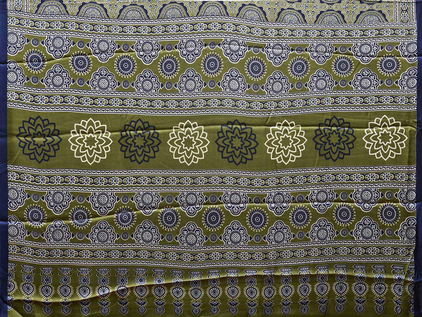 Olive and Blue Ajrak Digital Print Satin Silk Saree with Circles and Pallu Design o0611