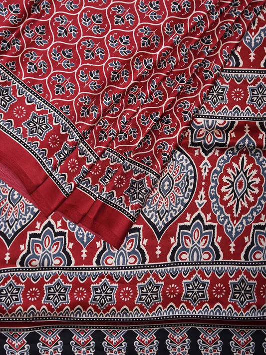 Red Ajrak Digital Print Satin Silk Saree with Grill and Pallu Design o0612