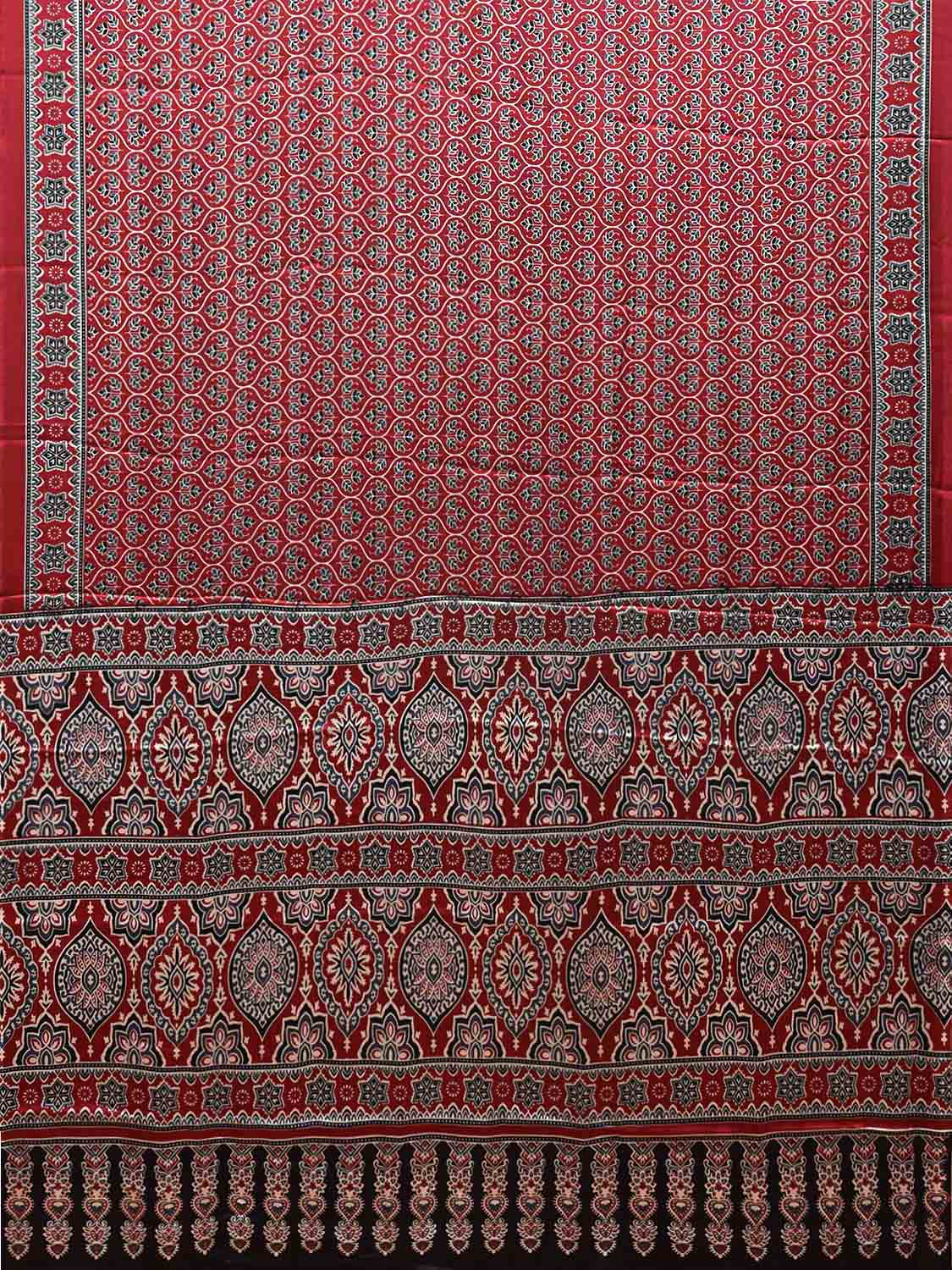 Red Ajrak Digital Print Satin Silk Saree with Grill and Pallu Design o0612