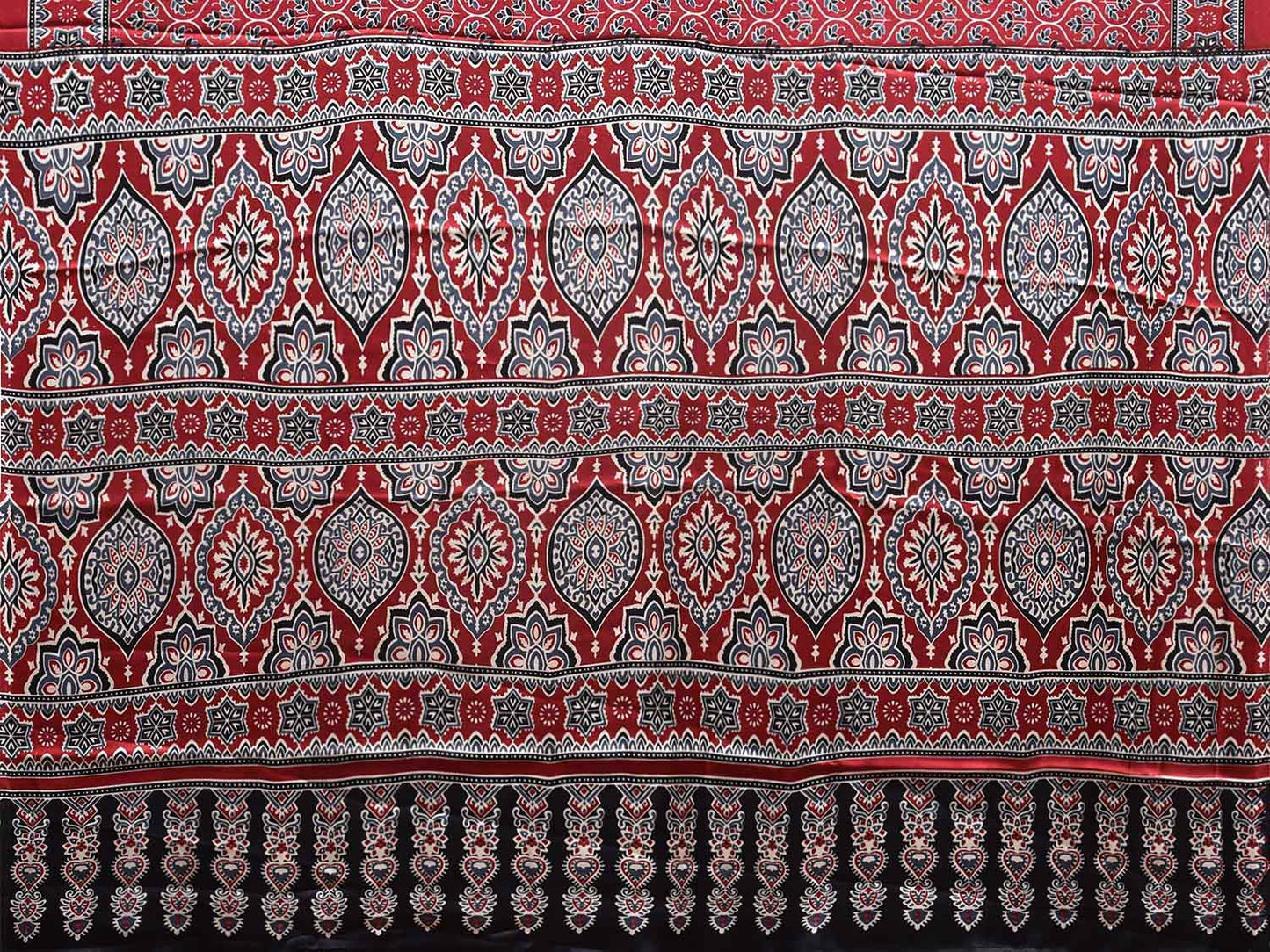 Red Ajrak Digital Print Satin Silk Saree with Grill and Pallu Design o0612