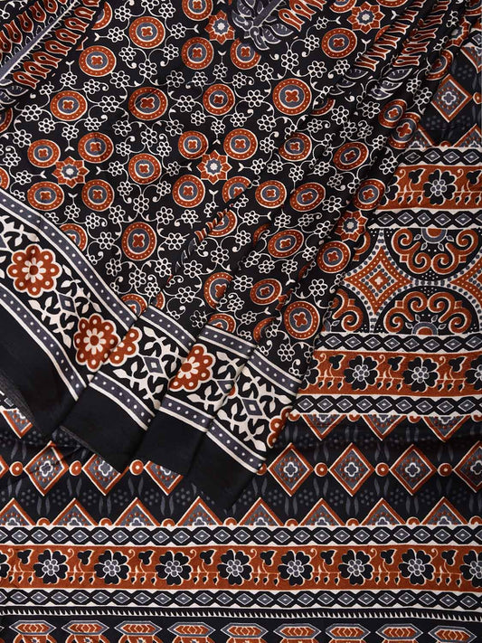 Black and Rust Ajrak Digital Print Satin Silk Saree with Leafs and Pallu Design o0613