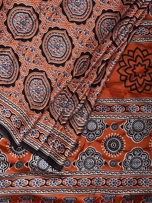 Orange and Black Ajrak Digital Print Satin Silk Saree with Circles and Pallu Design o0614