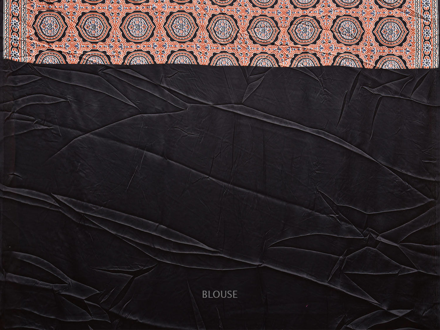 Orange and Black Ajrak Digital Print Satin Silk Saree with Circles and Pallu Design o0614