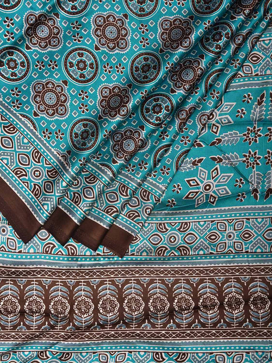 Turquoise and Brown Ajrak Digital Print Satin Silk Saree with Circles Buta and Pallu Design o0615