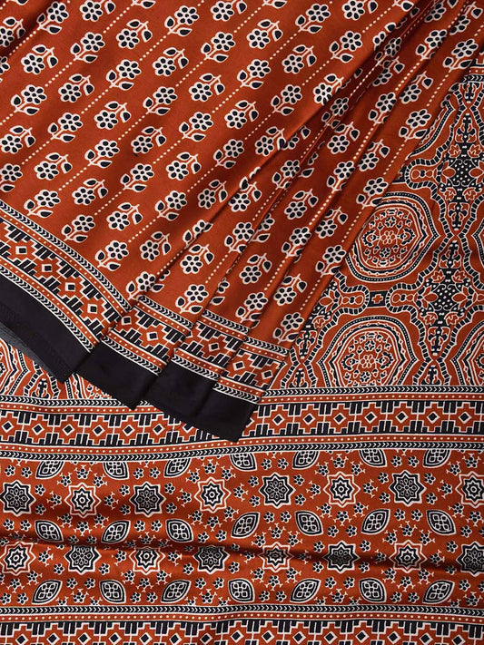 Rust and Black Ajrak Digital Print Satin Silk Saree with Floral Buta and Pallu Design o0616