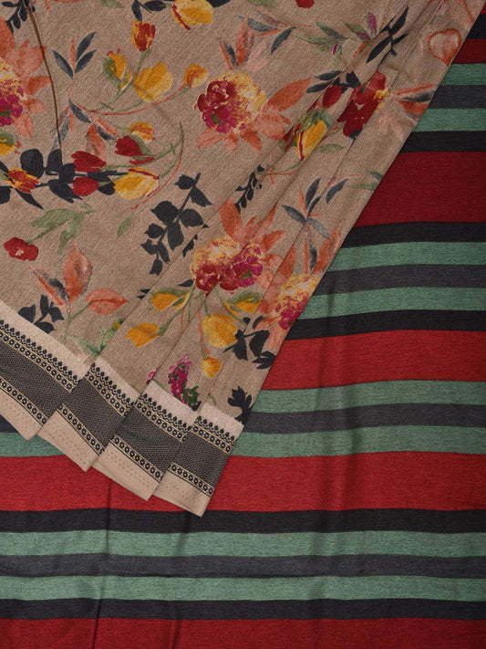 Cream and Red Digital Print Viscose Saree with Floral Body and Strips Pallu Design o0617