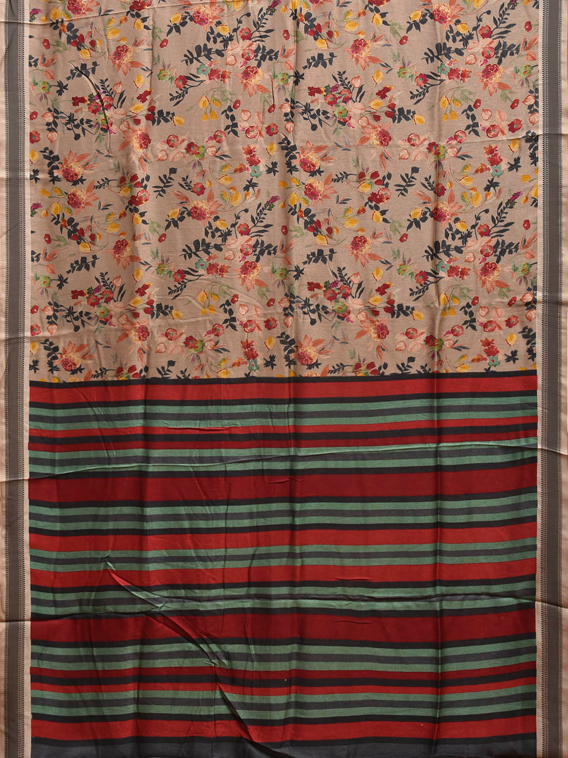 Cream and Red Digital Print Viscose Saree with Floral Body and Strips Pallu Design o0617