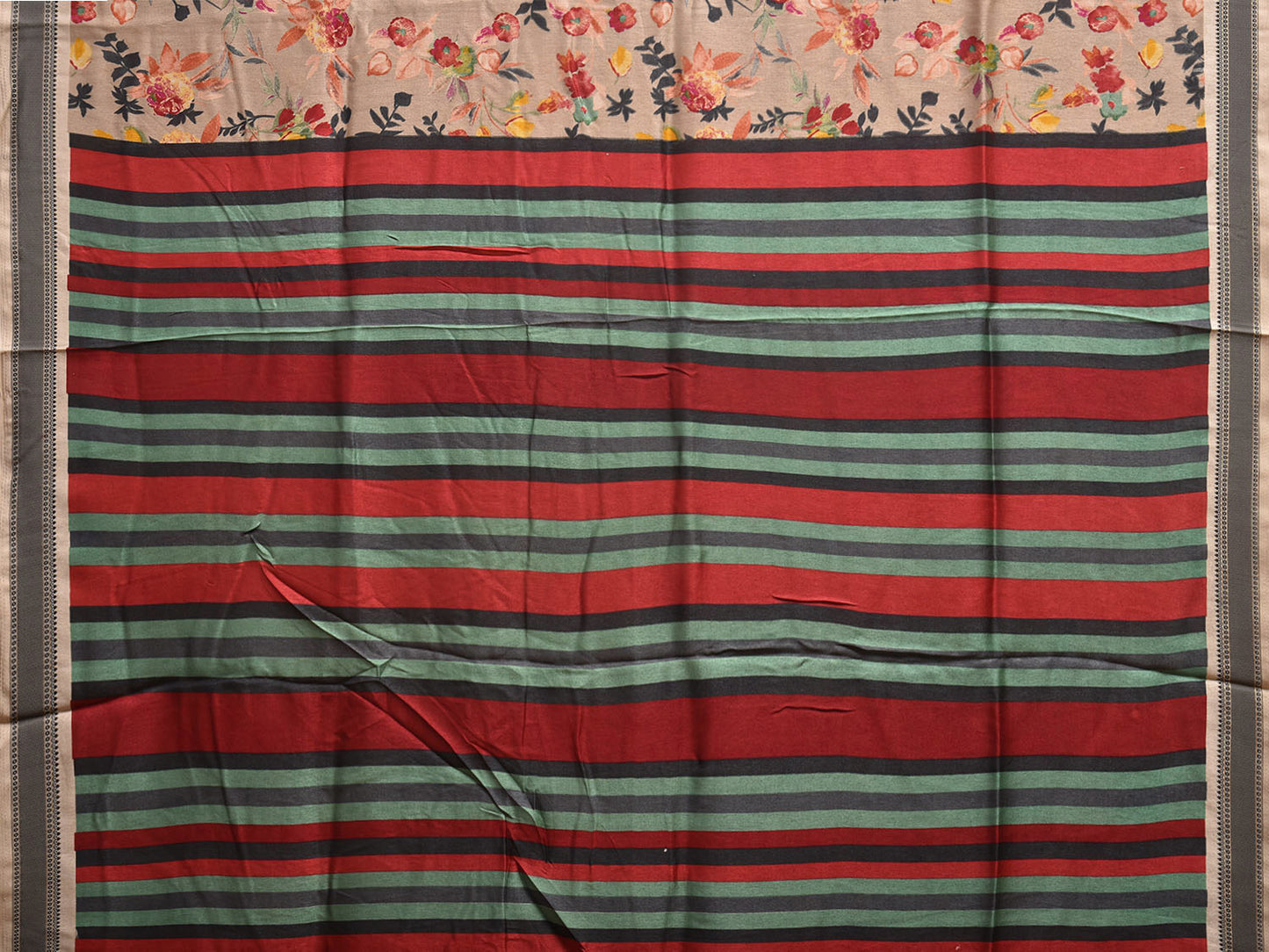 Cream and Red Digital Print Viscose Saree with Floral Body and Strips Pallu Design o0617