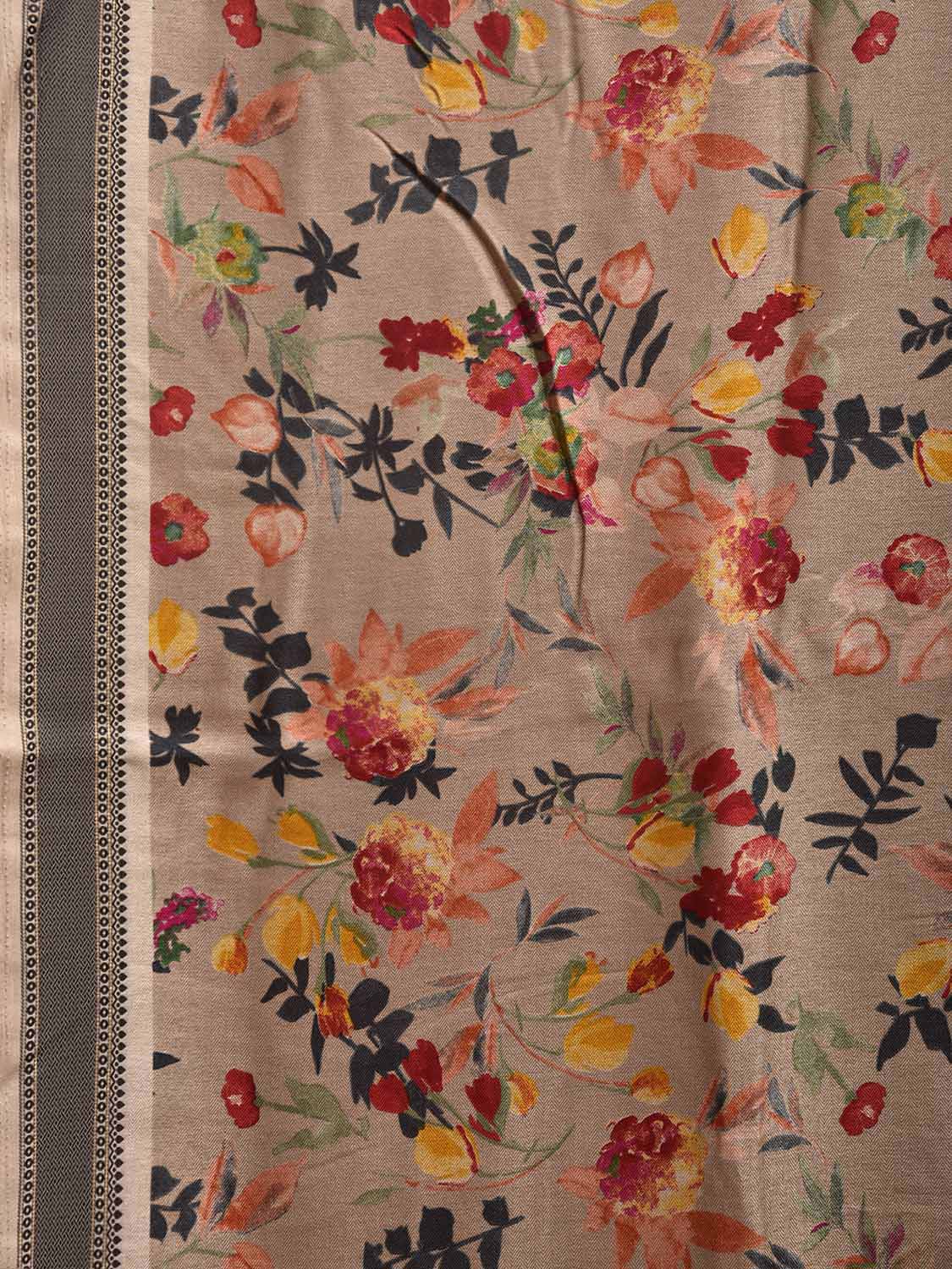 Cream and Red Digital Print Viscose Saree with Floral Body and Strips Pallu Design o0617