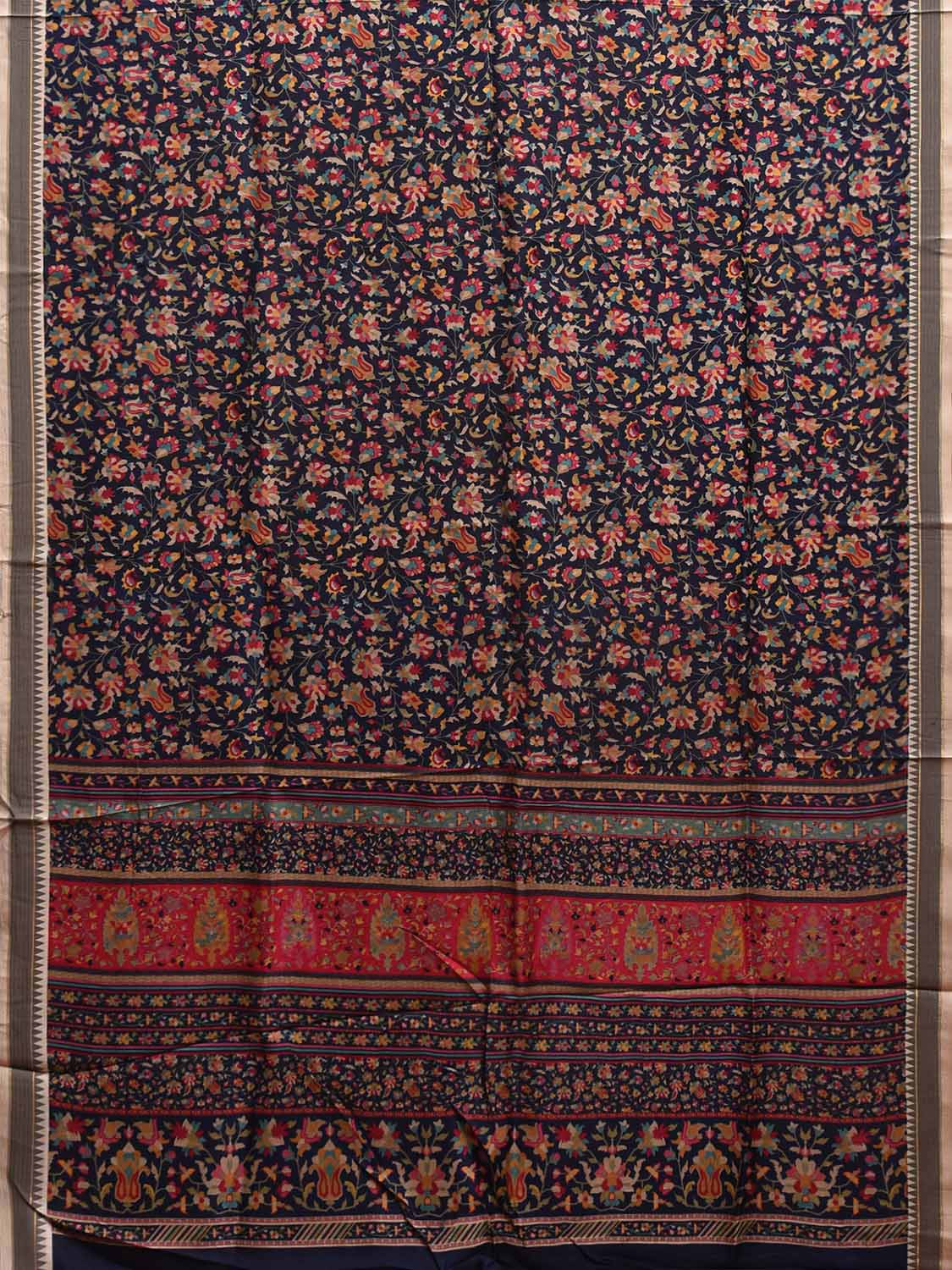 Navy Digital Print Viscose Saree with Floral Body and Pallu Design o0620