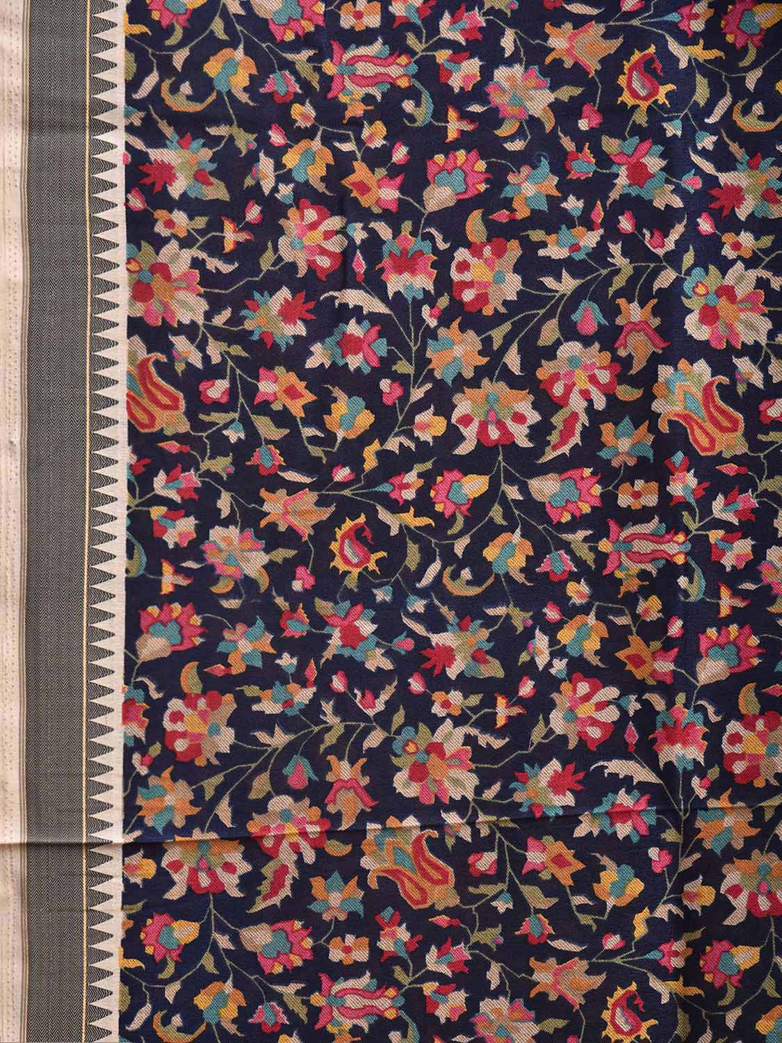 Navy Digital Print Viscose Saree with Floral Body and Pallu Design o0620