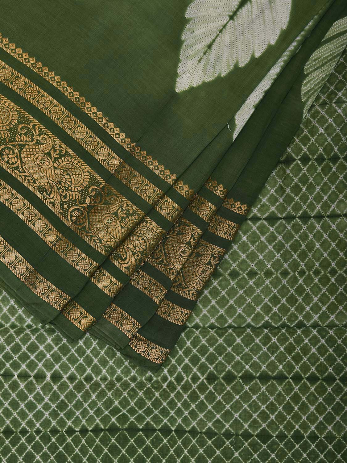 Green Shibori Sico Saree with Leaves Body Grill Pallu and Border Design o0622