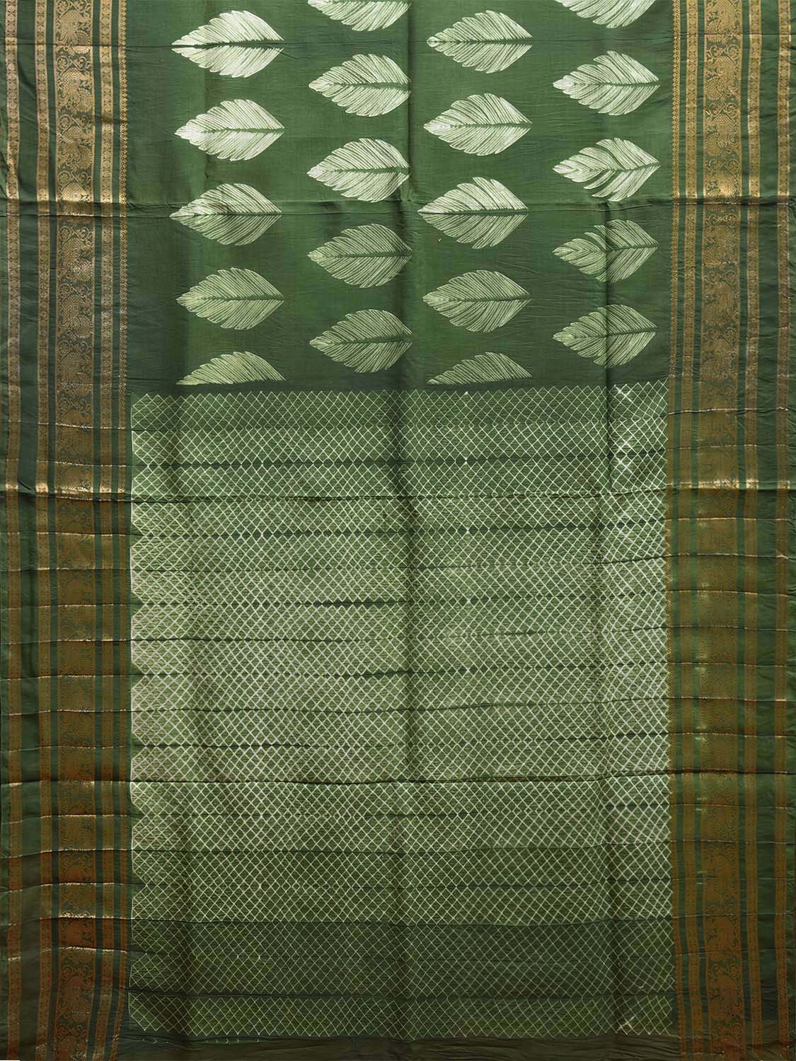 Green Shibori Sico Saree with Leaves Body Grill Pallu and Border Design o0622