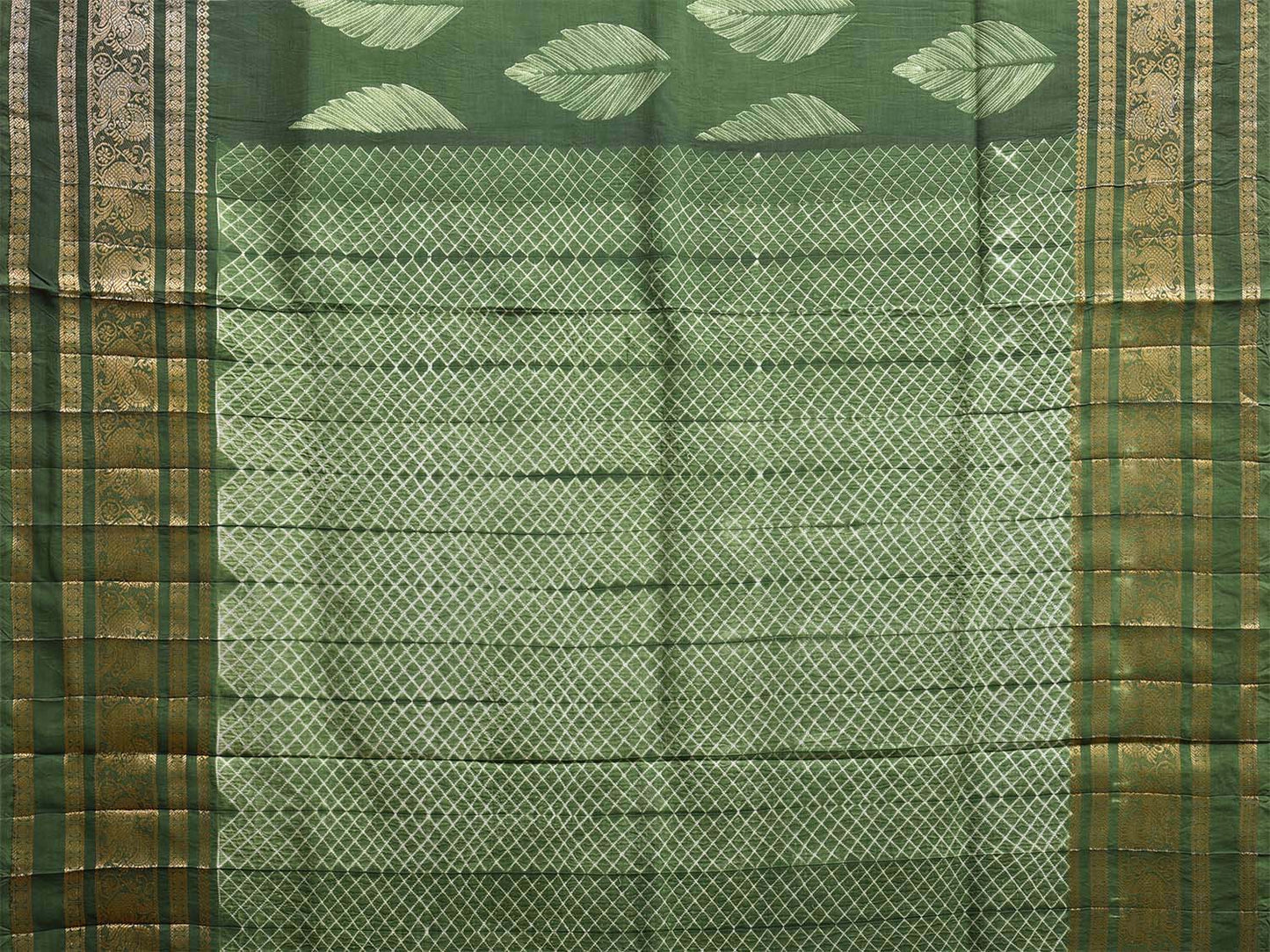 Green Shibori Sico Saree with Leaves Body Grill Pallu and Border Design o0622