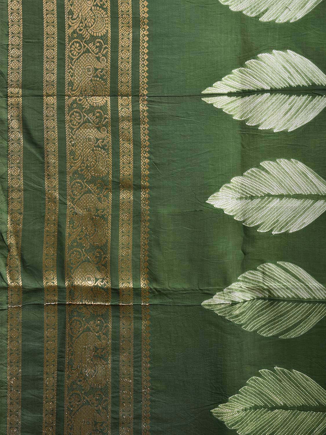 Green Shibori Sico Saree with Leaves Body Grill Pallu and Border Design o0622