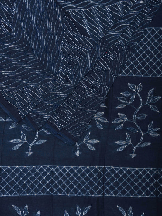 Dark Blue Shibori Cotton Silk Saree with Zig-Zag Body and Floral Pallu Design o0623