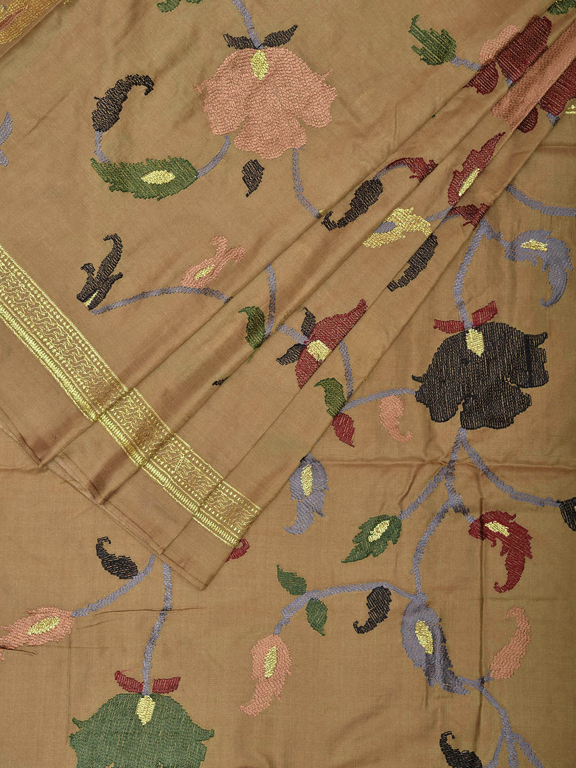 Light Olive Heavy Silk Handloom Saree with Floral Embroidary Work Design o0628