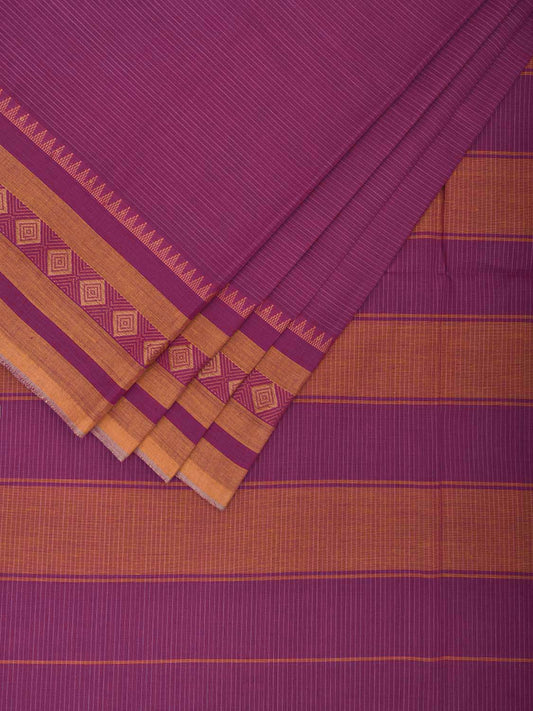 Purple Cotton Saree with Kanchi Border and Strips Pallu Design o0630