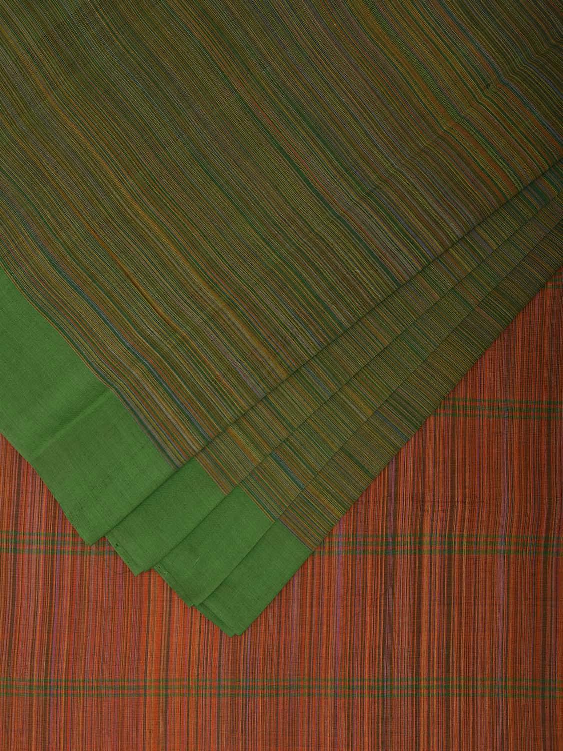 Green and Orange Cotton Saree with Strips Pallu Design o0631