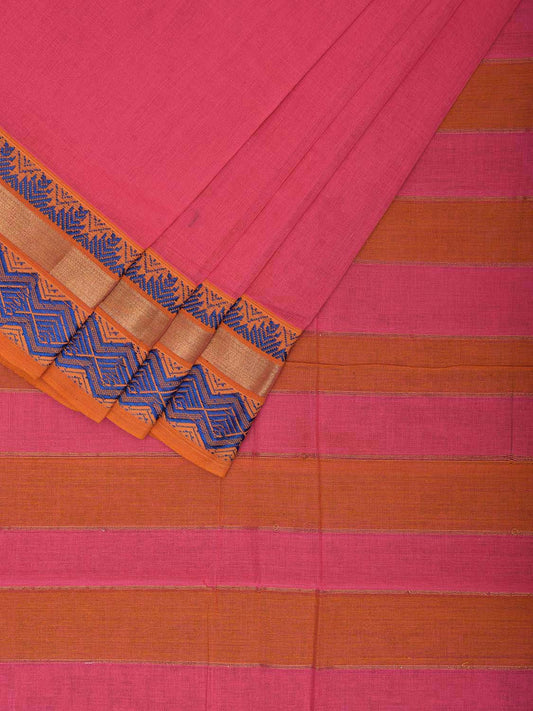 Pink and Orange Cotton Saree with Kanchi Border and Strips Pallu Design o0632