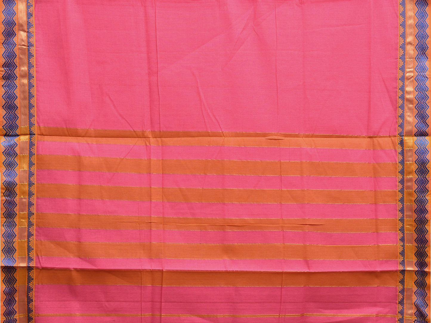 Pink and Orange Cotton Saree with Kanchi Border and Strips Pallu Design o0632