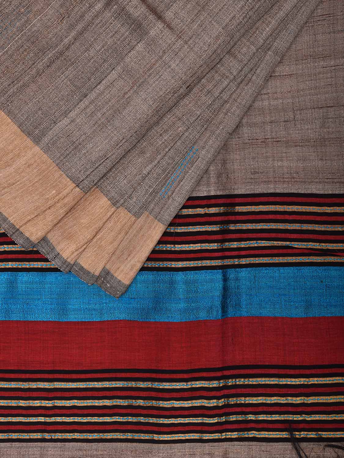 Grey and Red Tussar Saree with Strips Pallu Design o0633