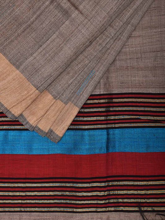 Grey and Red Tussar Saree with Strips Pallu Design o0633