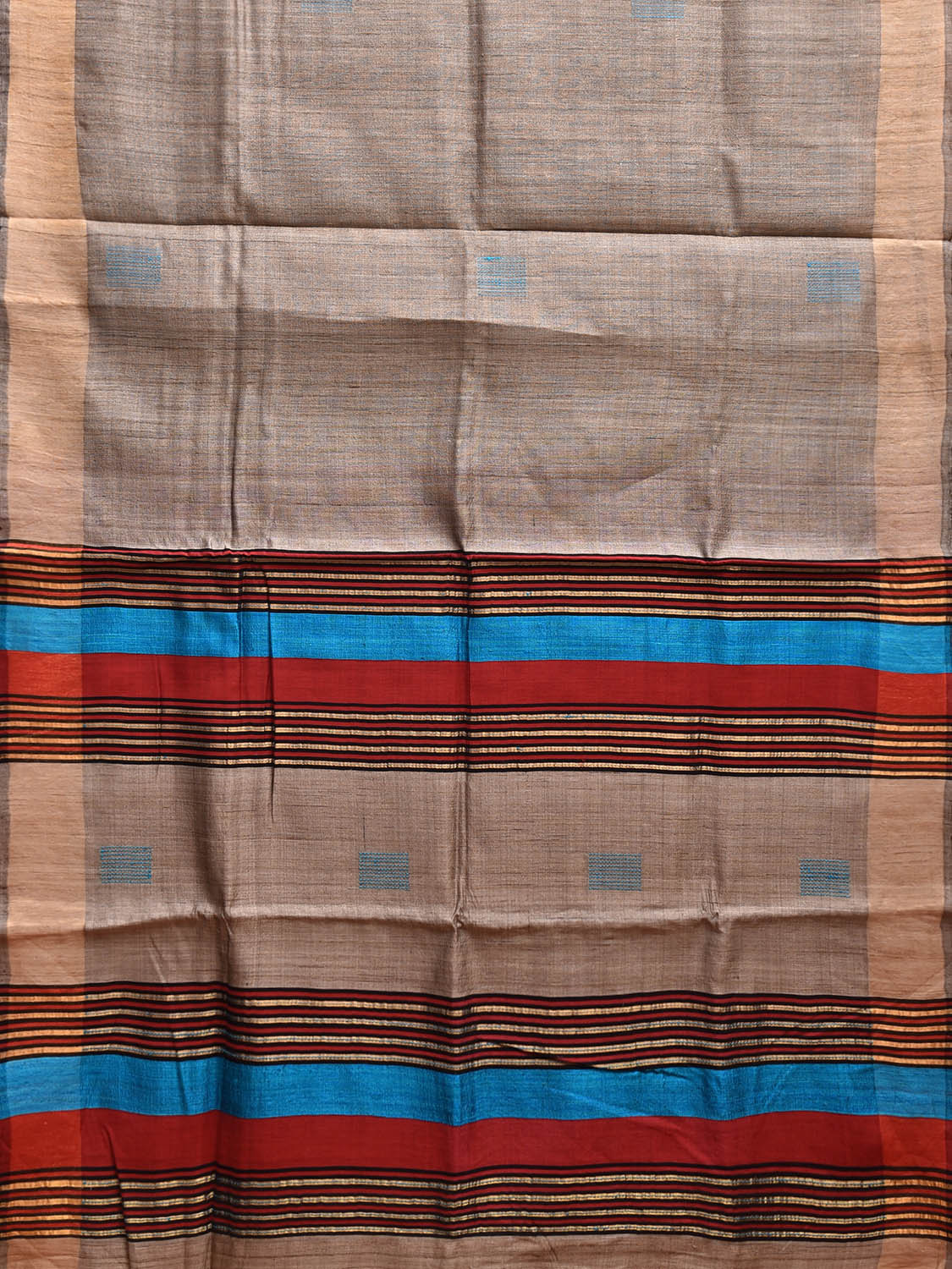 Grey and Red Tussar Saree with Strips Pallu Design o0633