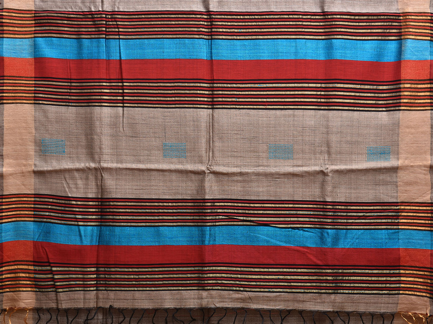 Grey and Red Tussar Saree with Strips Pallu Design o0633