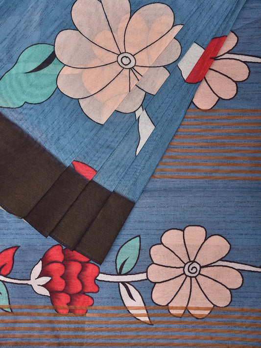 Blue DIgital Print Viscose Saree with Big Floral Design No Blouse o0635