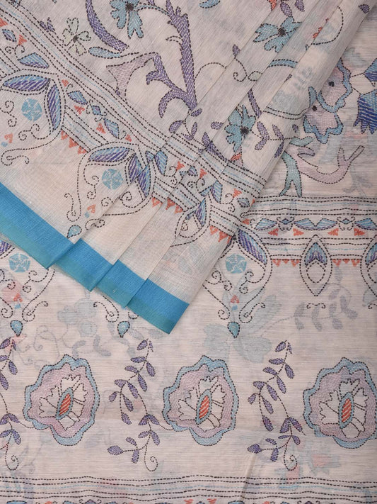 White and Blue coloured  Cotton Blend Saree with Kantha Digital Print Design o0636