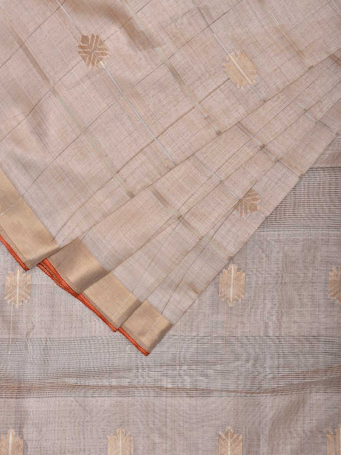Cream Tussar Silk Saree with Checks and Body Buta Design o0637
