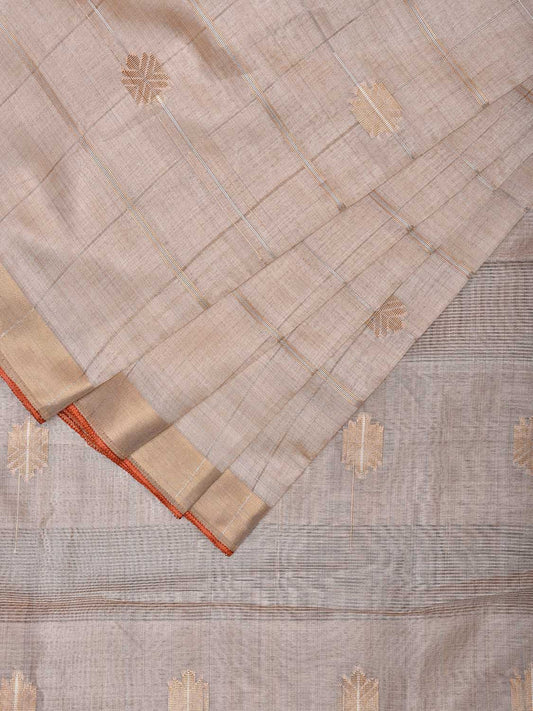 Cream Tussar Silk Saree with Checks and Body Buta Design o0637
