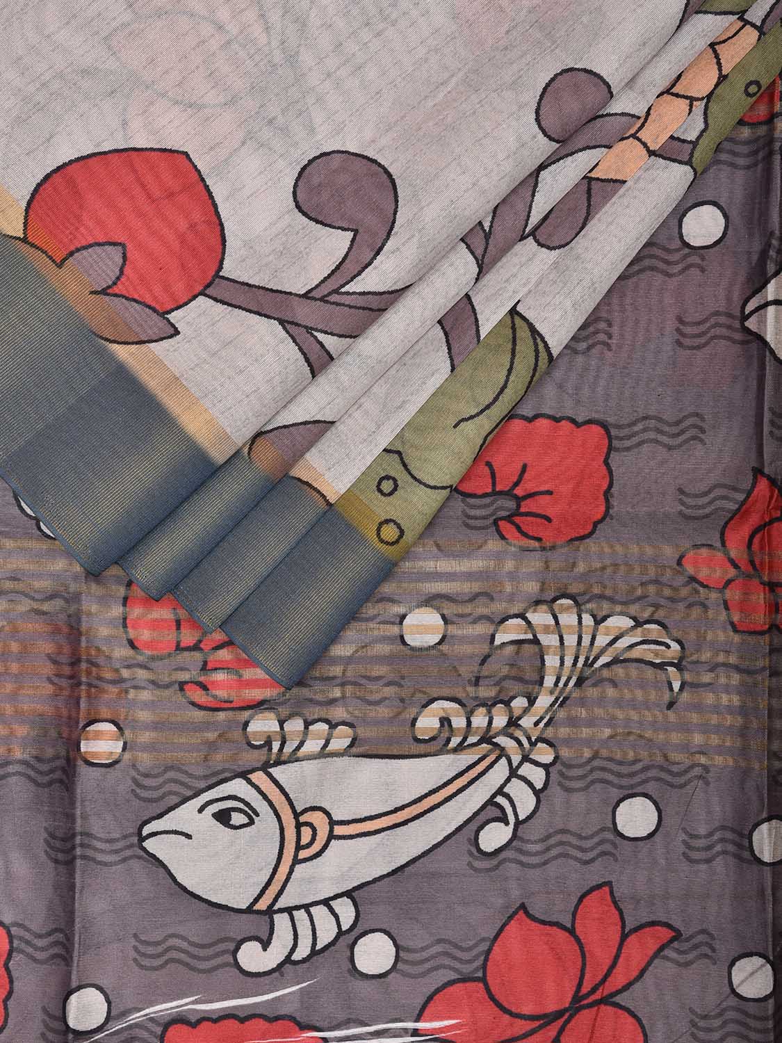 Cream and Grey Digital Print Tussar Viscose Saree with Floral and Fishes Design o0638