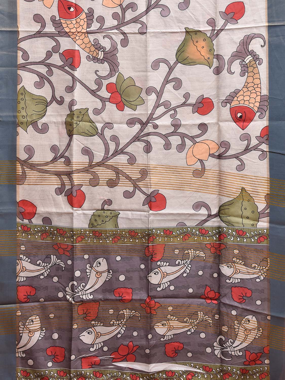 Cream and Grey Digital Print Tussar Viscose Saree with Floral and Fishes Design o0638