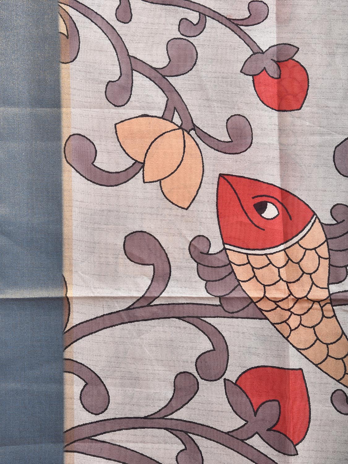 Cream and Grey Digital Print Tussar Viscose Saree with Floral and Fishes Design o0638