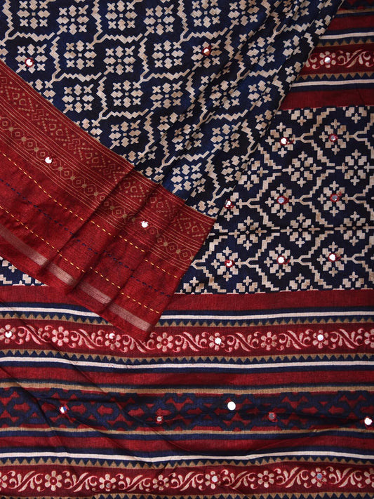 Navy and Dark Red Digital Print Saree with Ikat Print and Kantha Work Border Design o0639