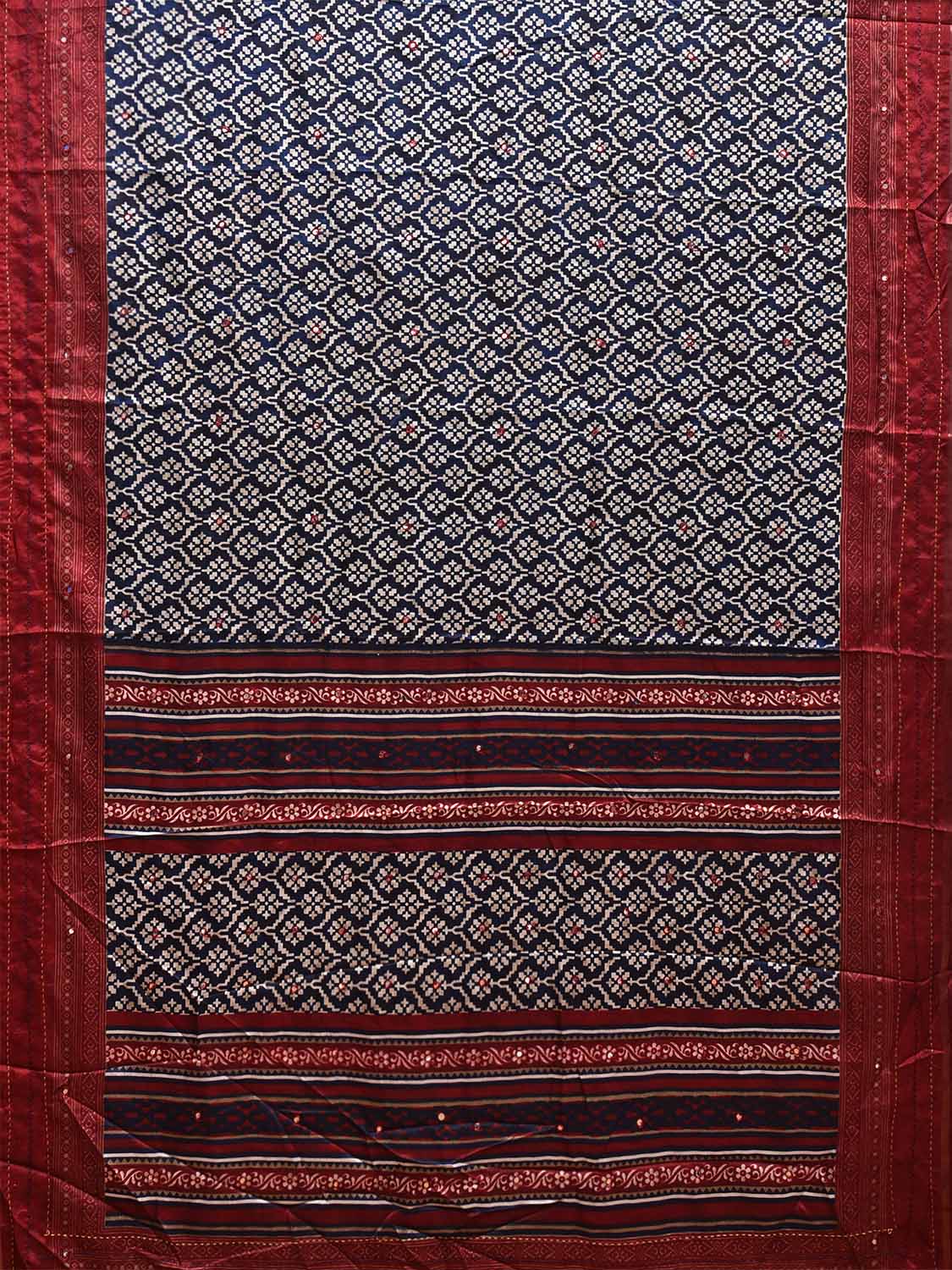 Navy and Dark Red Digital Print Saree with Ikat Print and Kantha Work Border Design o0639