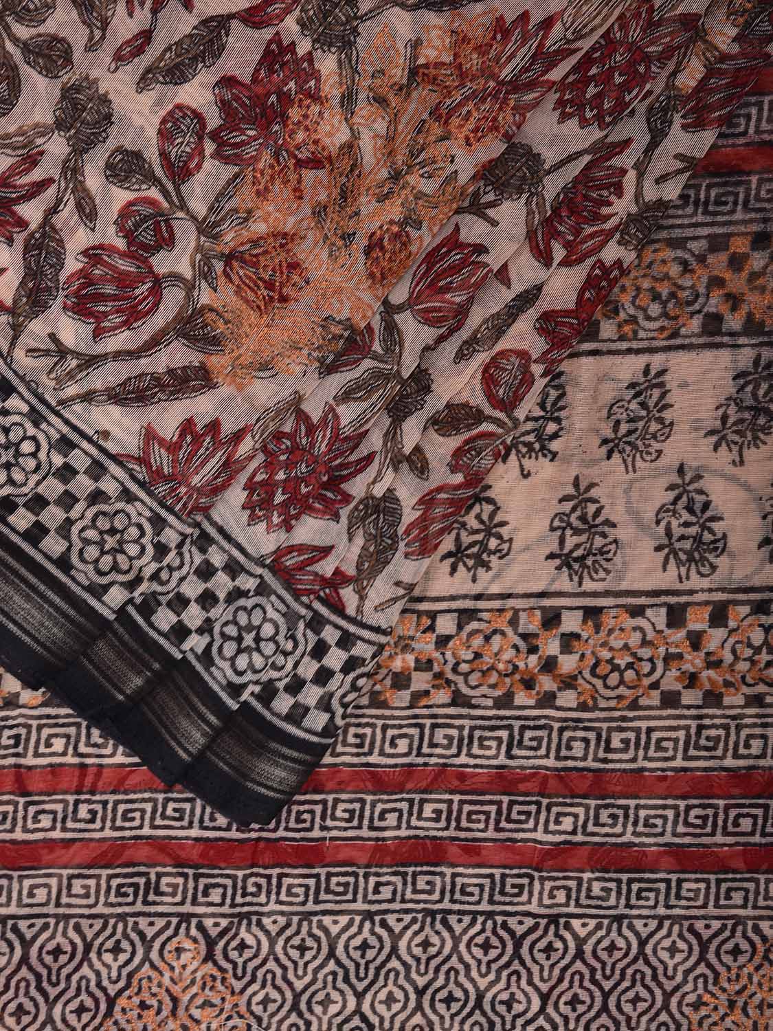 Cream Digital Print Cotton Saree with Floral Kalamkari Design o0640