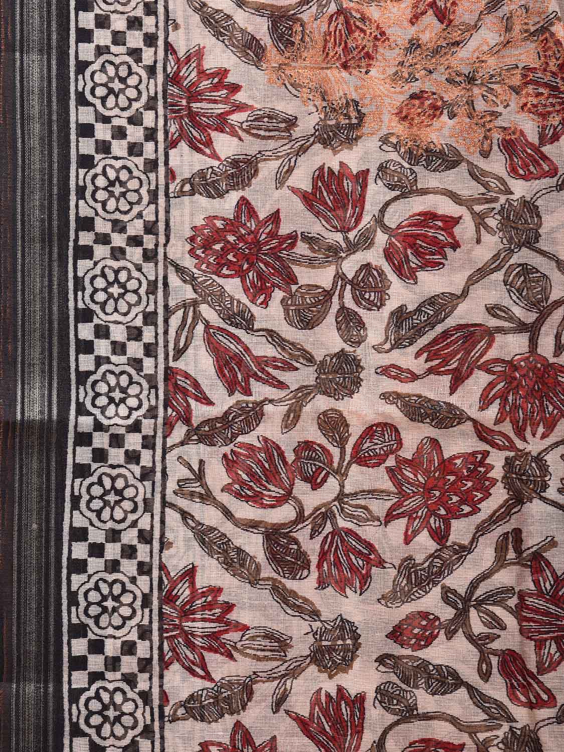 Cream Digital Print Cotton Saree with Floral Kalamkari Design o0640