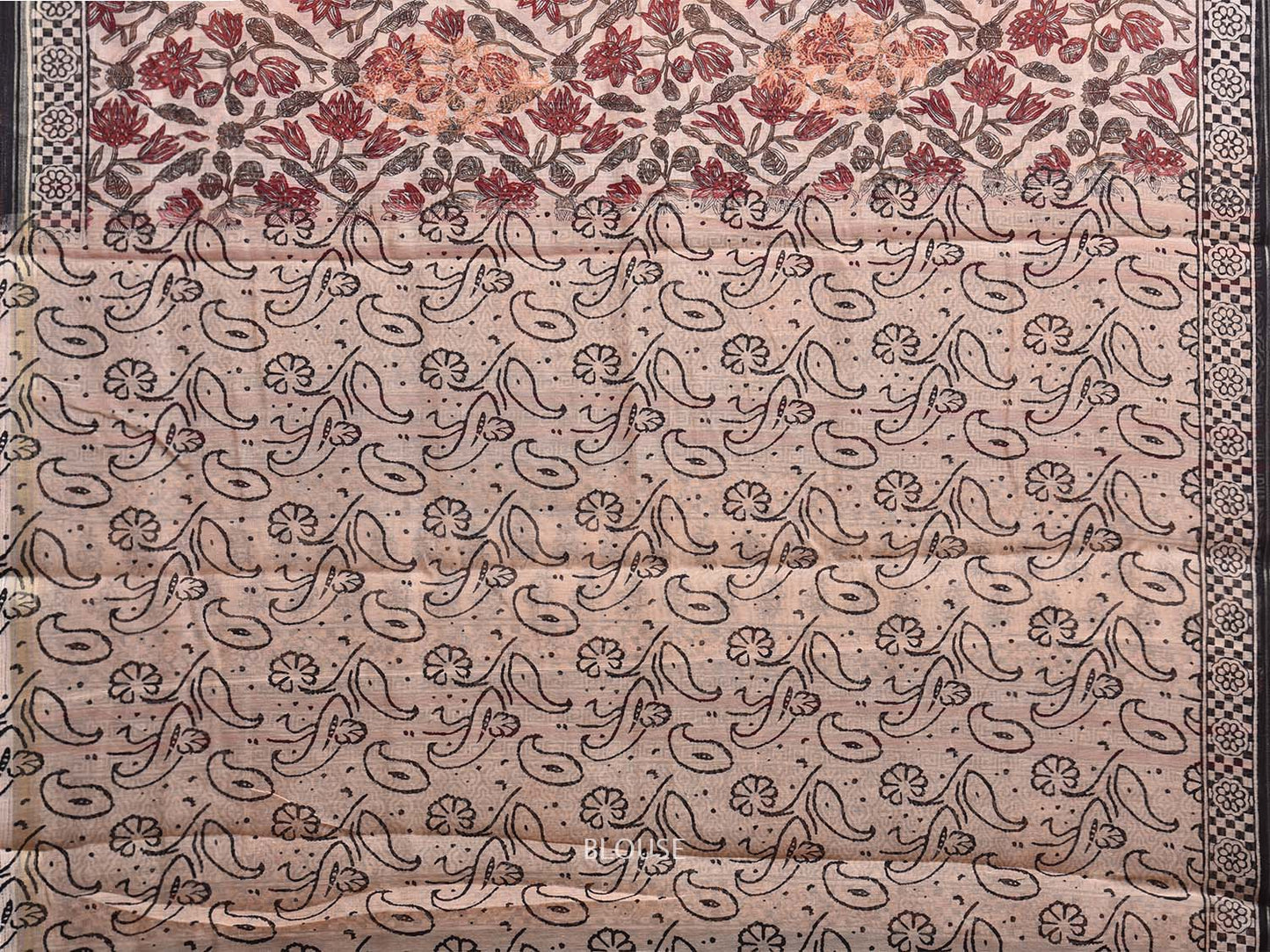 Cream Digital Print Cotton Saree with Floral Kalamkari Design o0640