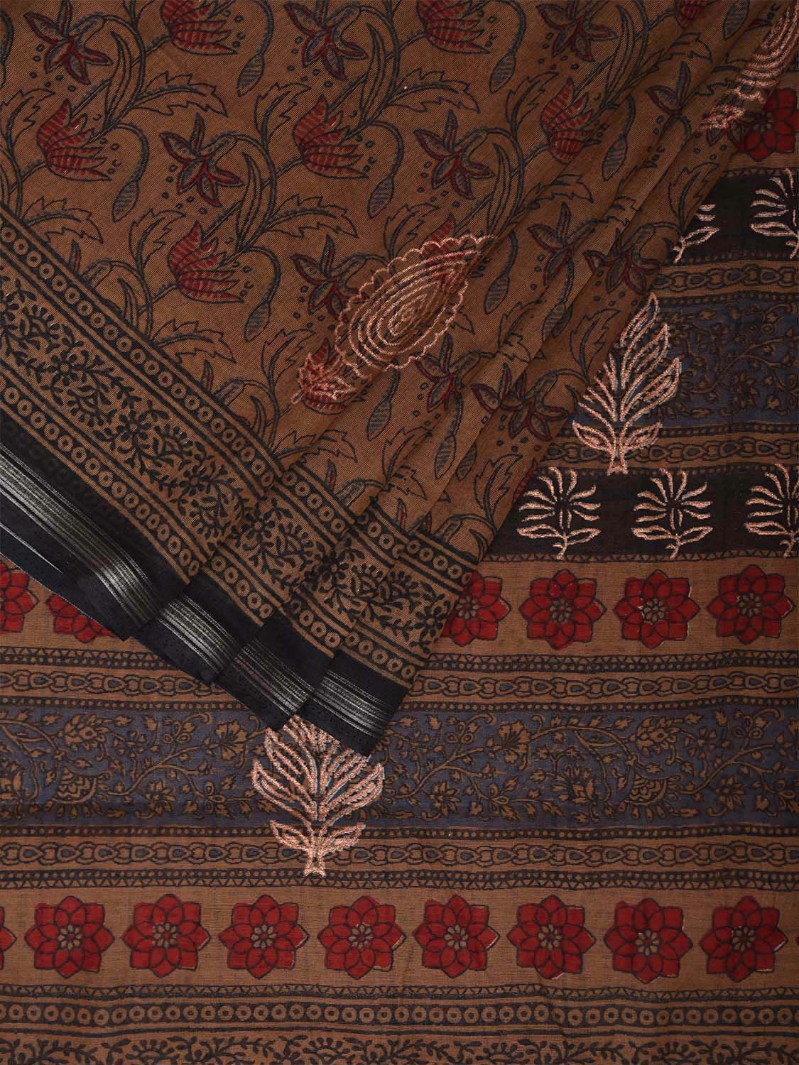 Dark Mustard Digital Print Cotton Saree with Floral Kalamkari Design o0652